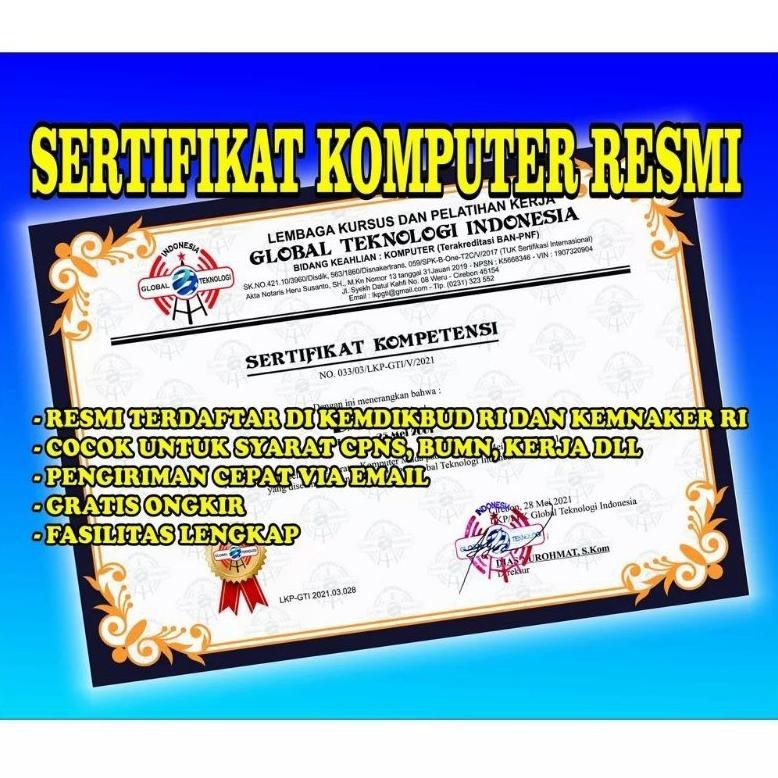 

TERLARIS SERTIFIKAT KOMPUTER RESMI TERDAFTAR DI KEMENDIKBUD RI se-7