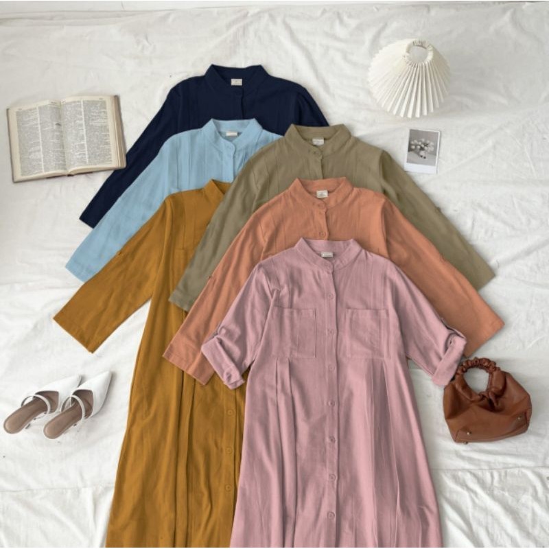 [OTULILI] AMAYA MIDI DRESS LD 110 | GAMIS POLOS LINEN KOREAN STYLE POLOS | BASIC DRESS OUTFIT HIJAB