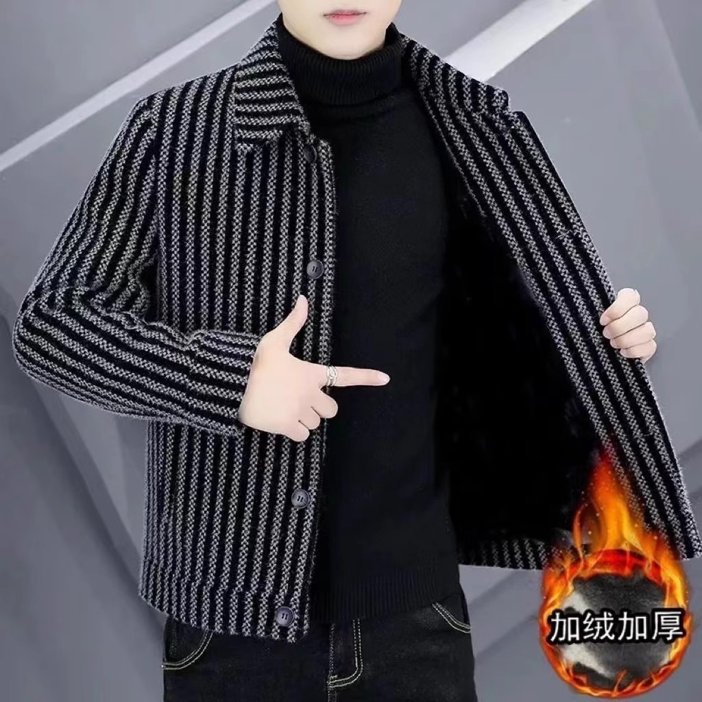 Mantel Wol Pria, Pakaian Musim Dingin Bulu Bergaris Slim-Fit, Mantel Wol Pendek Dipertebal, Gaya Kor