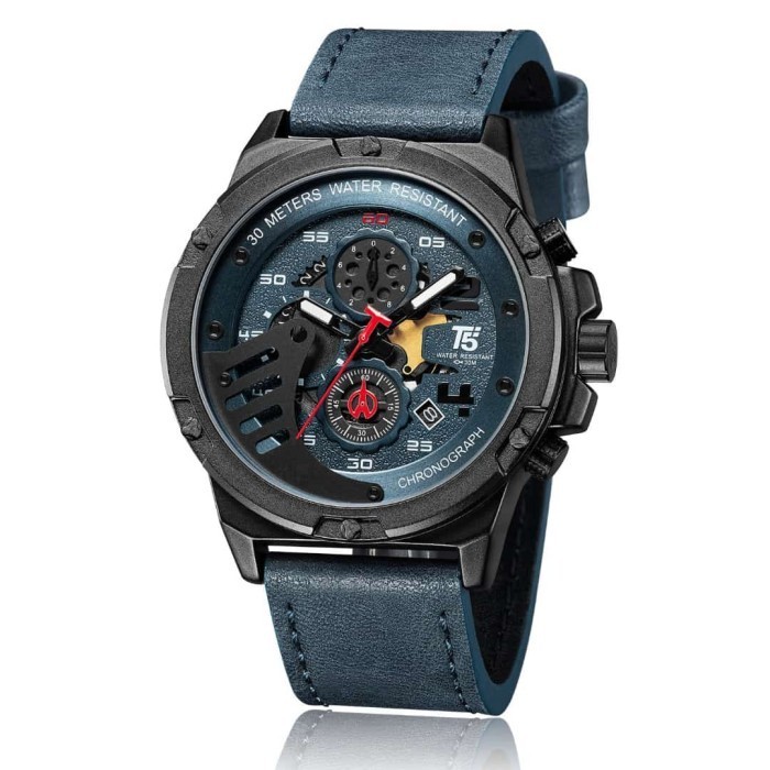 Jam Tangan Pria T5 H3703G Tali Kulit Blue Elegan Chrono Aktif