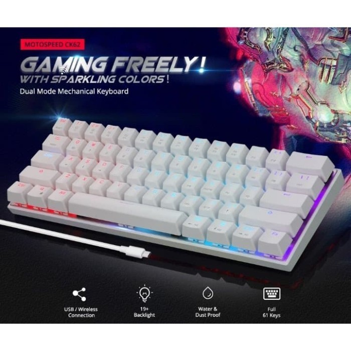 Diskon Mechanical Keyboard Motospeed Ck62 Rgb 60% 2 Mode Wired And Bluetooth