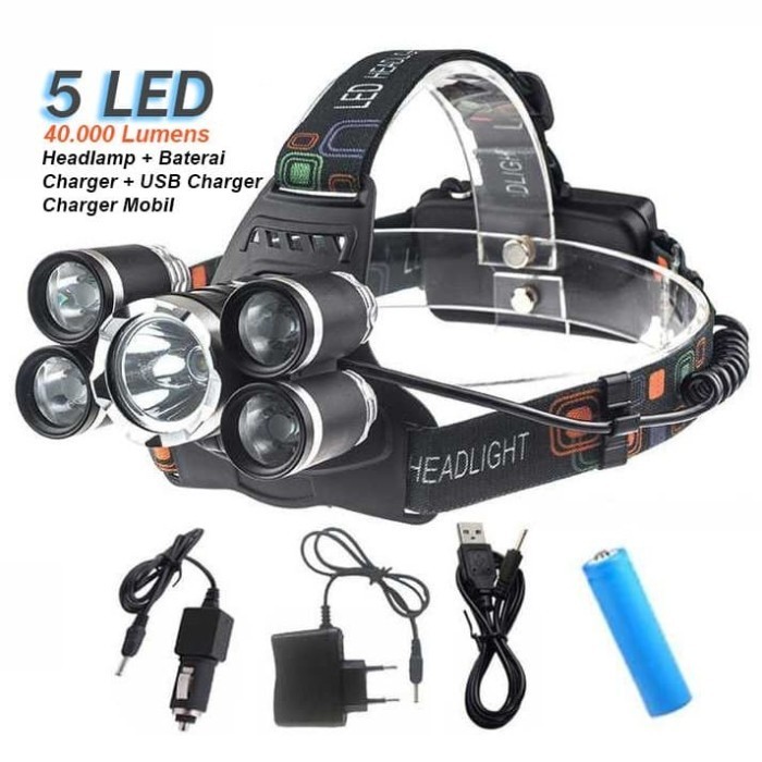Paket Senter Kepala 5 Led Lamp Xml T6 40 Lumens