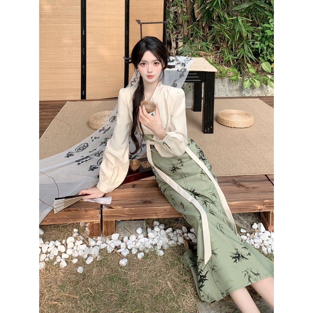 Hanfu Gaun Panjang Ketat Lengan Panjang, Gaun Panjang Ketat Motif Jahitan Gaya China Elegan Musim Se