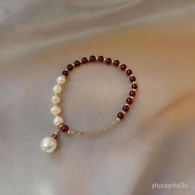 Gelang Perhiasan Tangan Barok, Tidak Beraturan Korea Air Tawar Batu Delima Mutiara Asli Gelang Merah