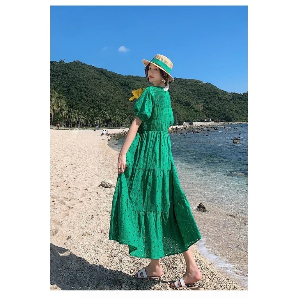 Cotton Casual Dress Pantai Wanita / Green Summer Dress Lengan Pendek Promo