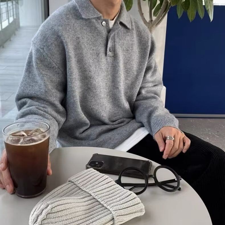 Sweter Kerah Gaya Idle Gaya Amerika Desain Pria Rajutan Ramah KulitpoloSweter Kaos Bawah Baju