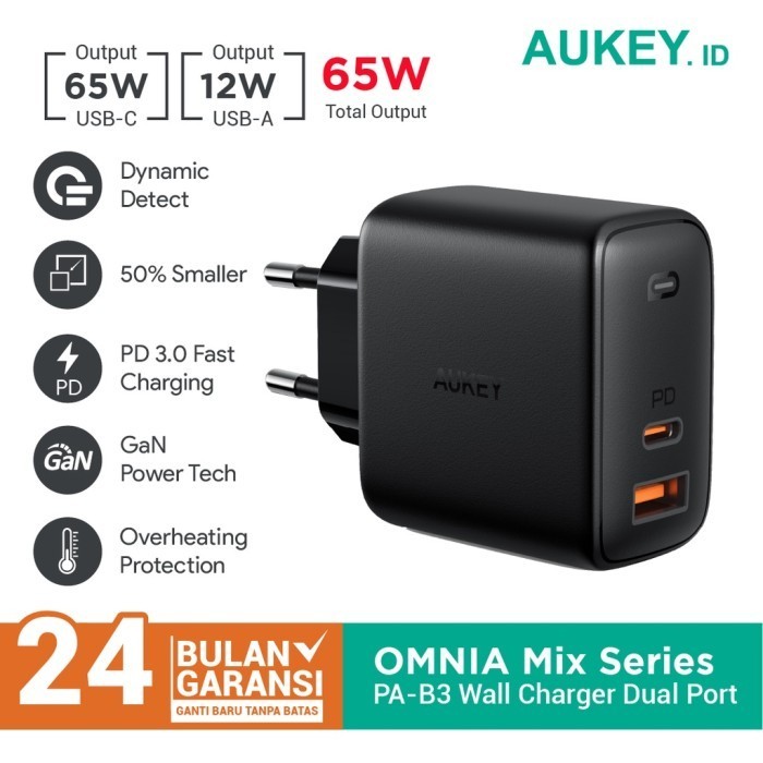 Aukey Charger Pa-B3 Omnia Mix Series 65 Watt Gunfast Tech Dual Output