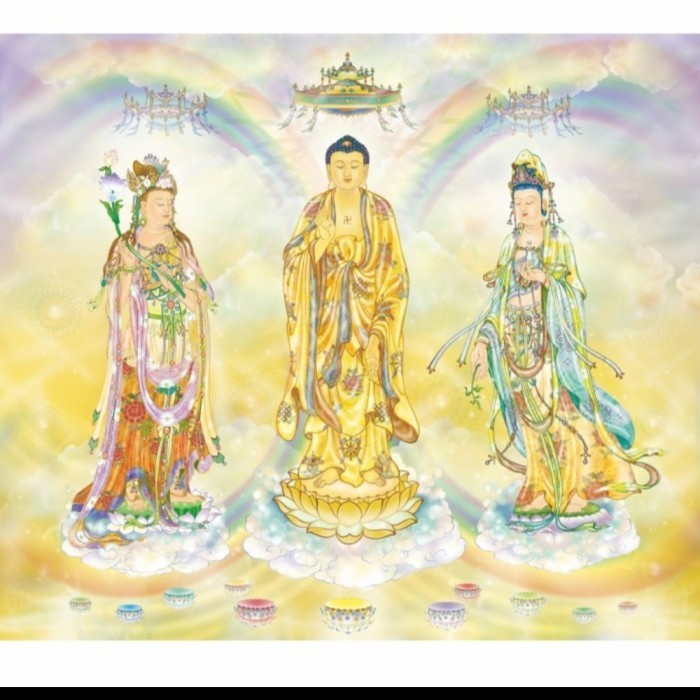 Repro digital lukisan gambar Dewa Konghucu Triratna Buddha Pelindung