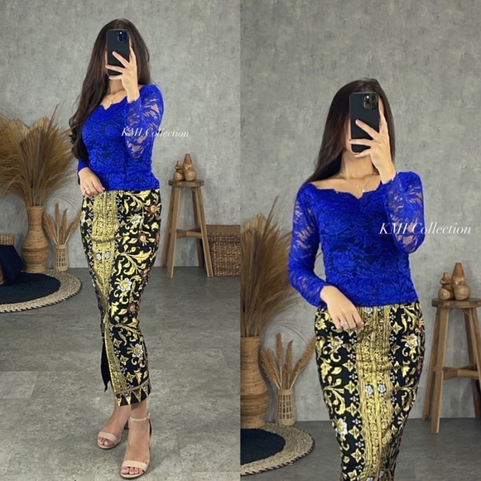 Kebaya Kebaya Bali Set / Kebaya Brukat Sabrina Panjang Biru Elektrik *