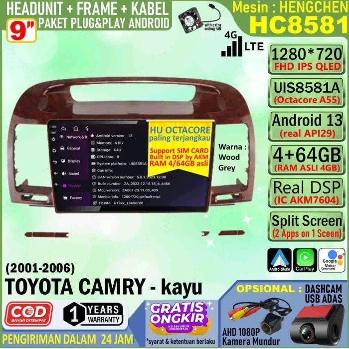 Paket Headunit Android 9 inch + Frame + Soket PNP Toyota Camry 2000 - Kayu Hengchen UIS8581A RAM 4GB