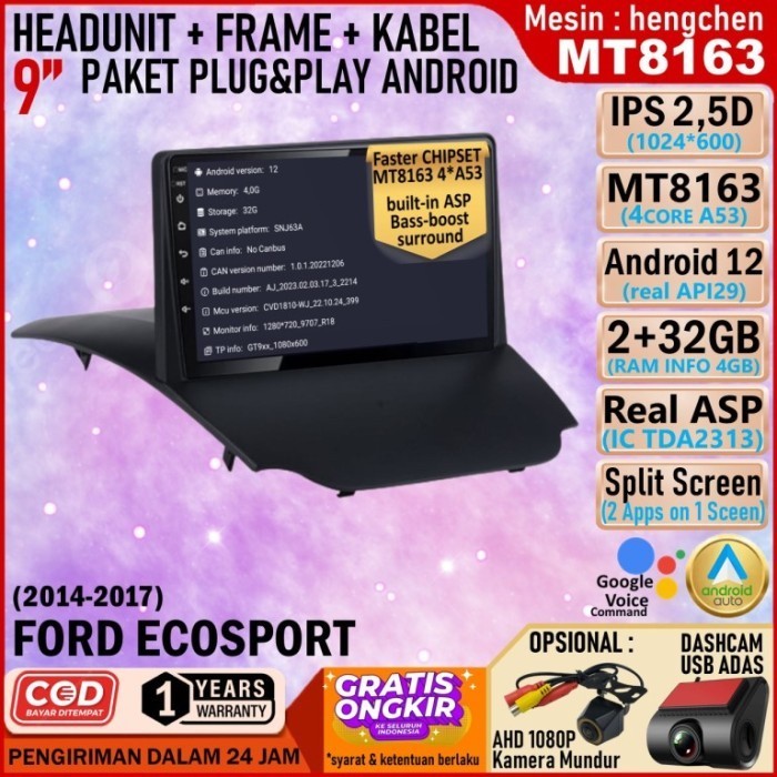 Headunit Android MT8163 2/32GB QLED+ Frame 9 inch Ford Ecosport 2012