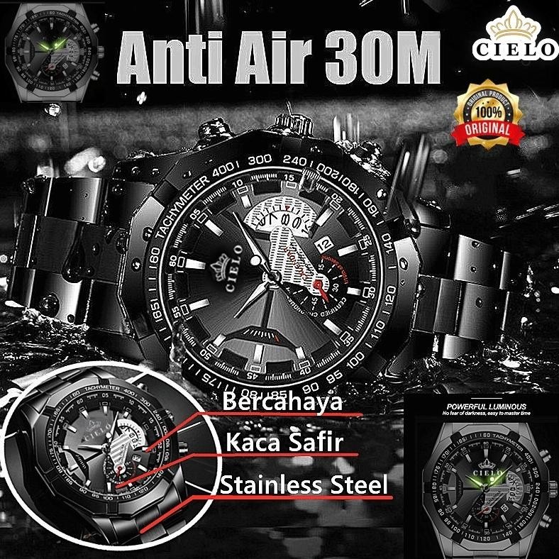 CIELO TERMURAHS001 JAM TANGAN PRIA ANTI AIR ORIGINAL LUXURY STAINLESS STEEL CODFREE BOX+KARTU GARANS