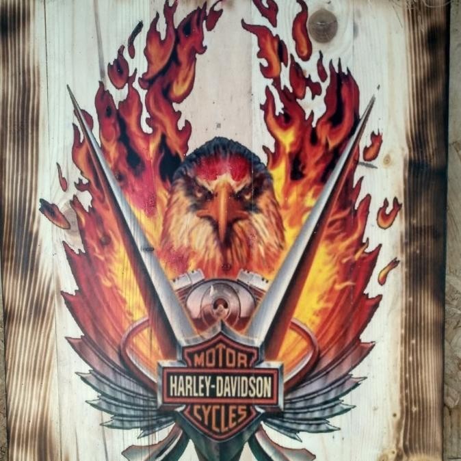 Lukisan Kayu Jatibelanda Bakar Harley Davidson Vintage Hiasan Dinding