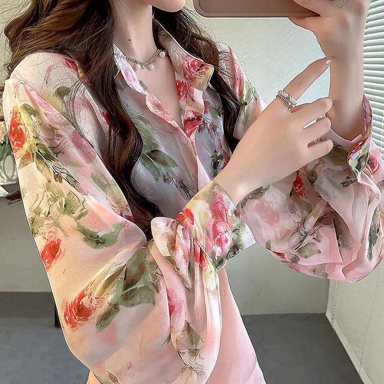 Kemeja Sifon Wanita Lengan Panjang, Blus Longgar Bercetak