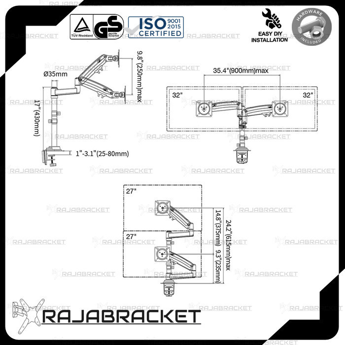 Bracket Monitor 13 - 32 Inch, Full Motions Gas Spring Dual Arm Monitor