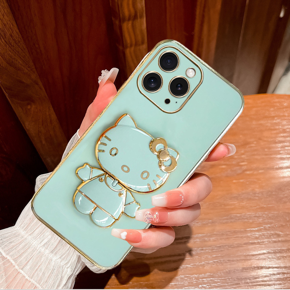 Premium Case OPPO Casing OPPO Electroplated TPU Case Plain with Pop Socket Hello Kitty for OPPO A15 