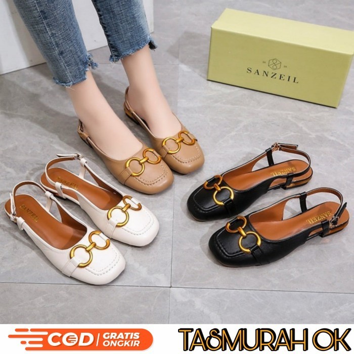 Sandal Flat Shoes Wanita Teplek Anti Licin Kulit Tali Belakang Branded