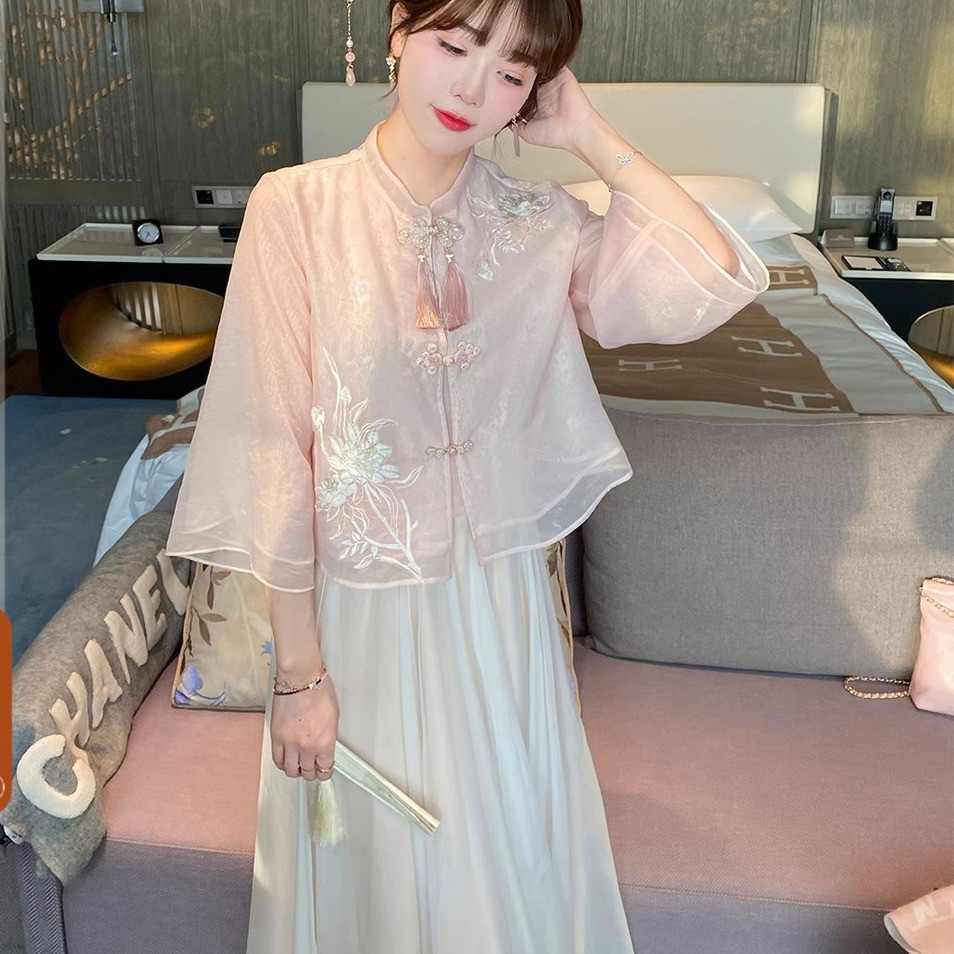 Setelan Pakaian Gaya Tiongkok Baru untuk Wanita, Setelan Baju Peri Cheongsam Hanfu Ditingkatkan, Baj