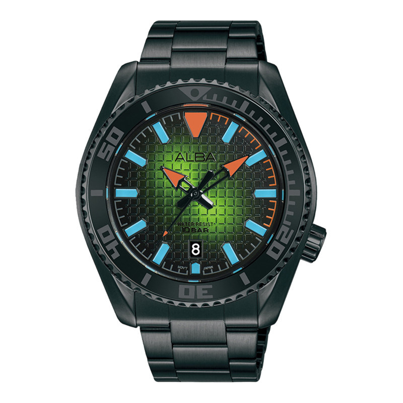 Jam Tangan Pria Alba Active AS9N93X1 Tokyo Neon Gradation Patterned Dial Black Stainless Steel Strap