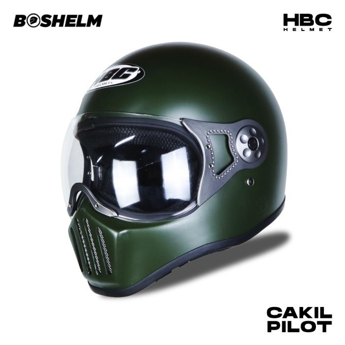 HELM CAKIL PILOT HBC HIJAU ARMY DOFF HELM RETRO HELM FULL FACE SNI