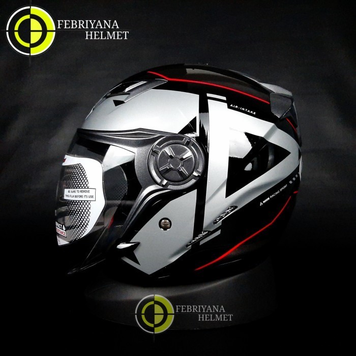 HELM NHK GLADIATOR GRANDE BLACK SILVER GLOSSY HALFFACE DOUBLE VISOR