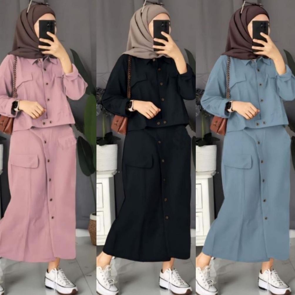 New Meira Set Rok Cargo Crinkle Airflow Kancing Aktif // Setelan Meira // One Set Meira // Set Rok M