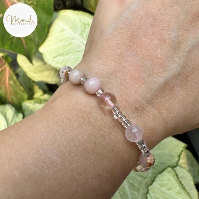Gelang Rosario - Pink Opal, Rose quartz dan Clear quartz