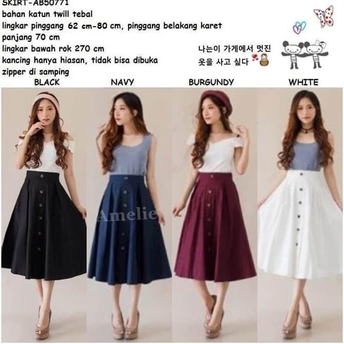AB50771 Rok Panjang Midi Skirt Lebar Korea Import Hitam Putih Merah