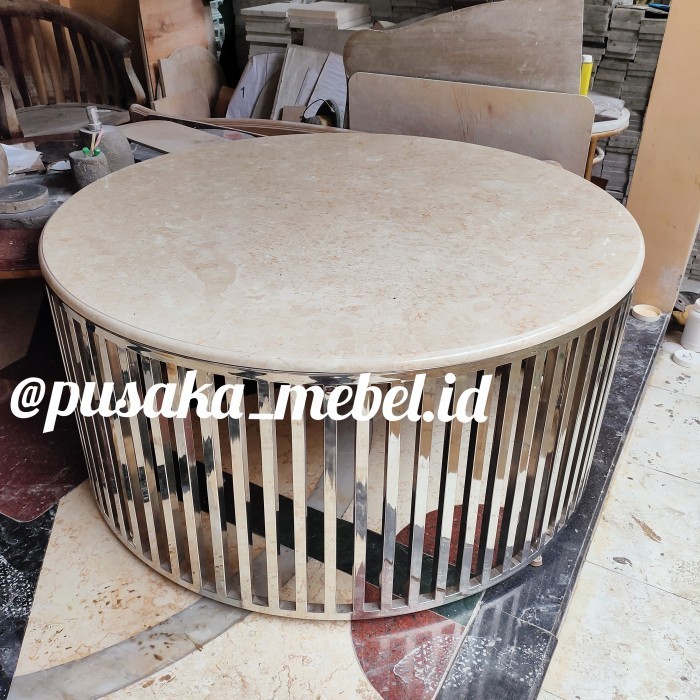 coffe table meja tamu bulat marmer kaki besi stainless, meja marmer