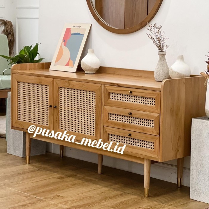 meja rak tv rotan minimalis kayu jati, meja bufet tv rotan kayu jati