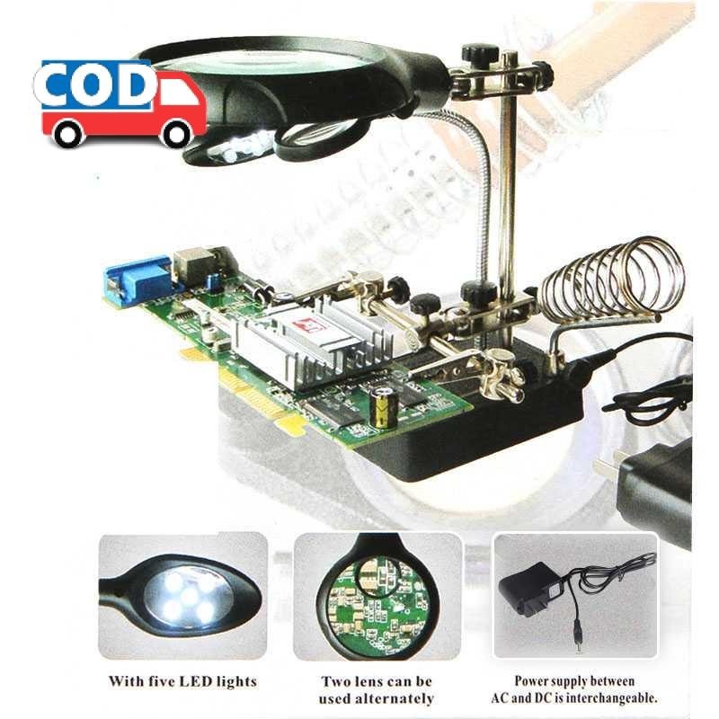 Kaca Pembesar Reparasi Jam Perhiasan Solder 3 Lensa LED Stand Penjepit