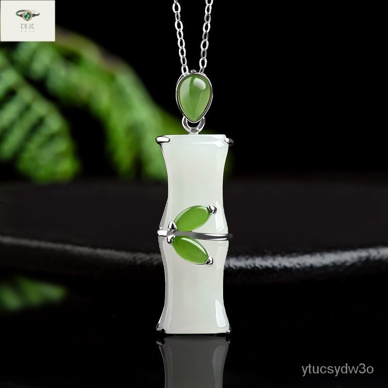 （Dengan Sertifikat）（ytucsydw3o）Bayam Liontin Sambungan Bambu Giok Putih Hetian Jade Bahan Tua HijauS