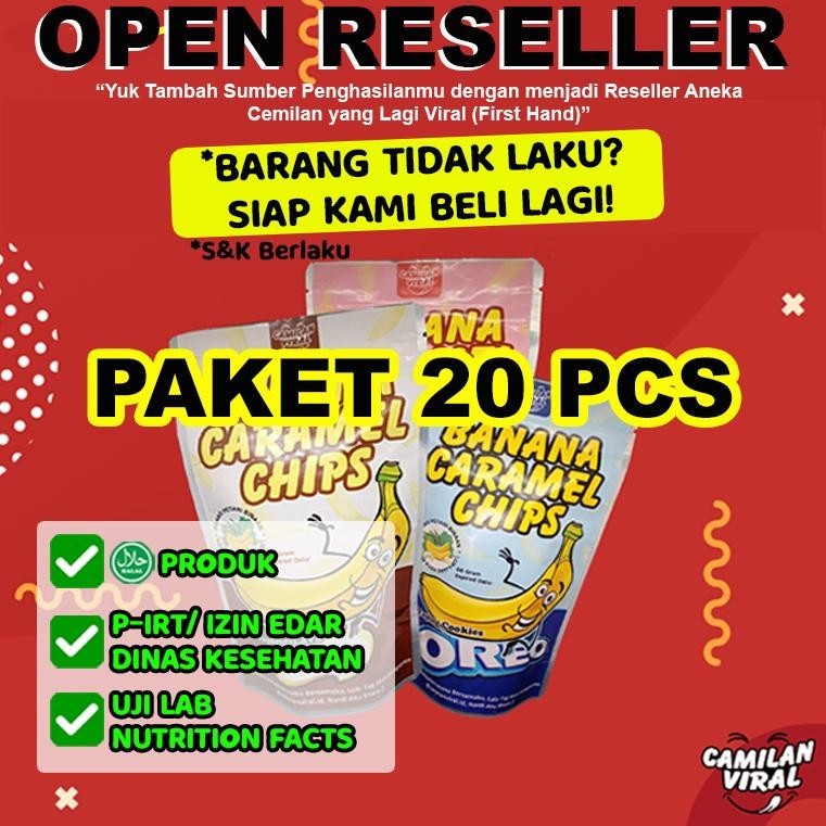 

PAKET 20 PCS KERIPIK PISANG KARAMEL DENGAN 13 TOPING RASA BY CAMILAN VIRAL