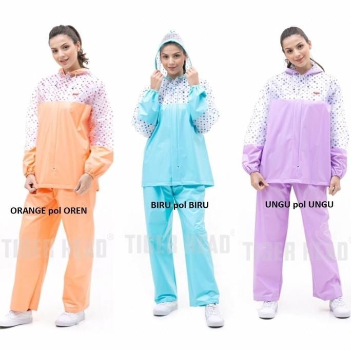 Jas Hujan Wanita Setelan Celana Simpel Cewek Plastik Motif Polkadot