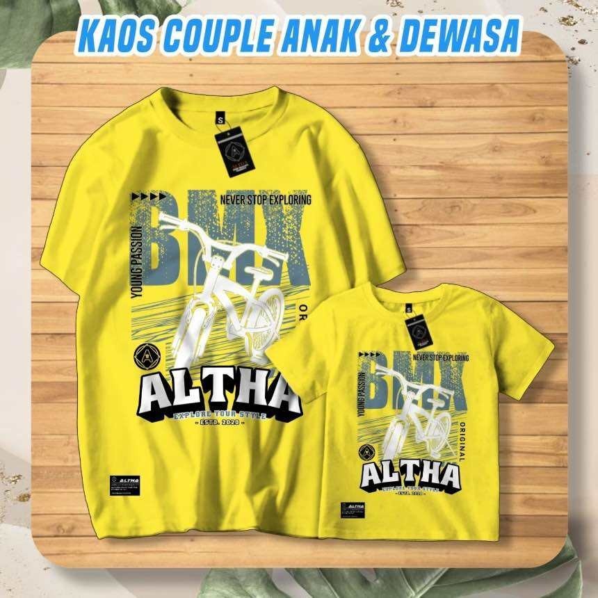KAOS COUPLE ANAK & DEWASA ALTHA CODE ALT 232 KUNING MOTIF SEPEDA BMX || BAJU ANAK LAKI LAKI 1-10 TAH