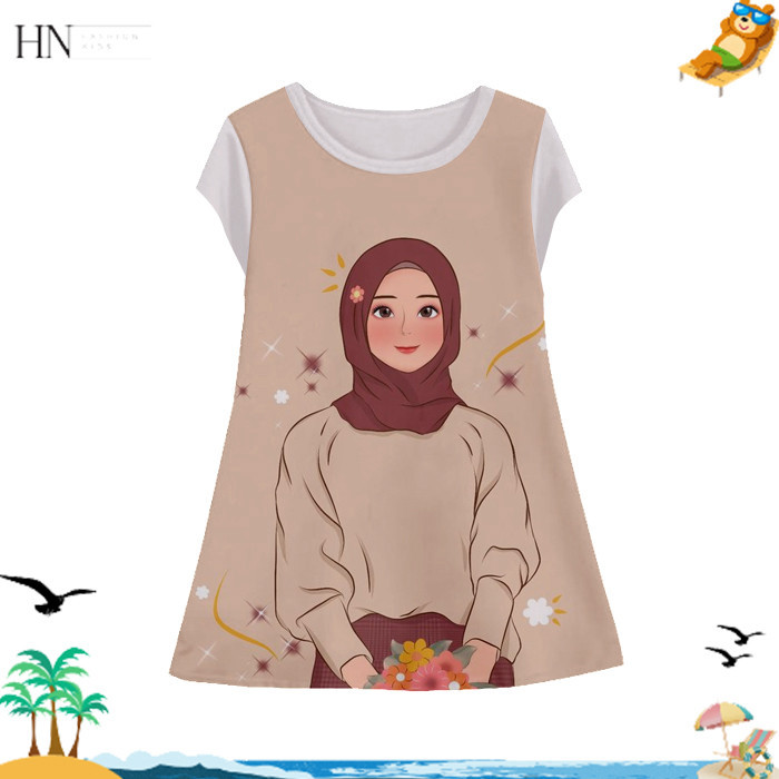 Baju Dress Anak Kartun Hijab Kerudung Jilbab Untuk Perempuan Tunik Printing Anak Wanita Model Kartun
