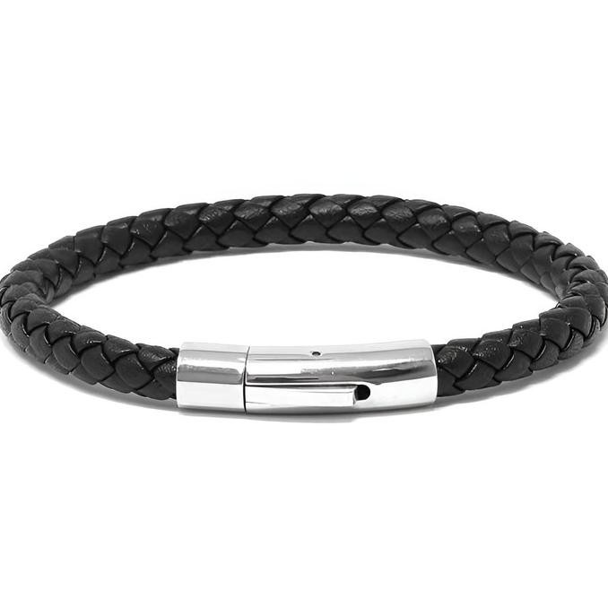 Viral | Gelang Pria Kulit Asli Black Leather Bracelet Magnetic Stainless Steel
