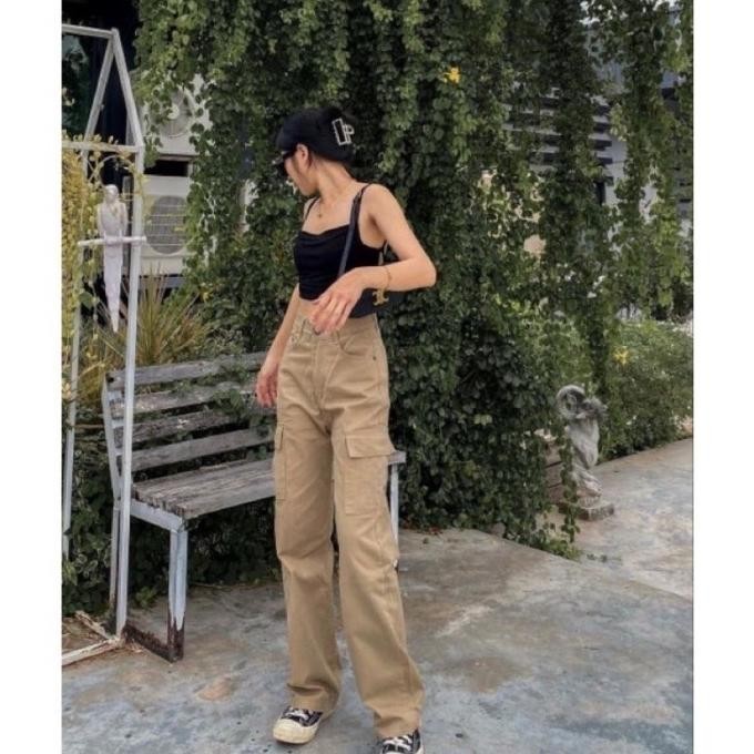 CELANA CARGO HIGHWAIST LOOSE JEANS WANITA WARNA CREAM & HIJAU