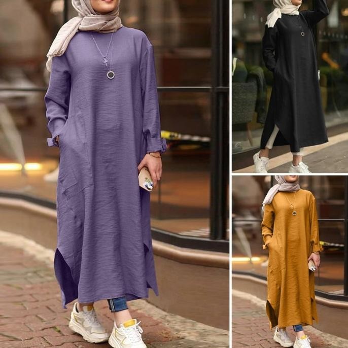 ZANZEA Muslim Wanita Crew Neck Long Shirt Etnis Vintage Midi Dress