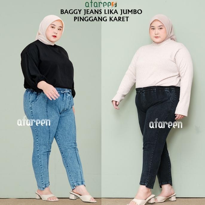 Celana Kulot Jeans Boyfriend Wanita Pinggang Karet Kolor Jumbo