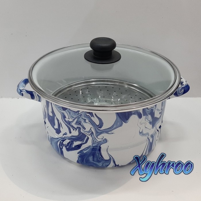 Panci Jumbo Besar Enamel 24Cm Biru Blirik Marble Tutup Kaca