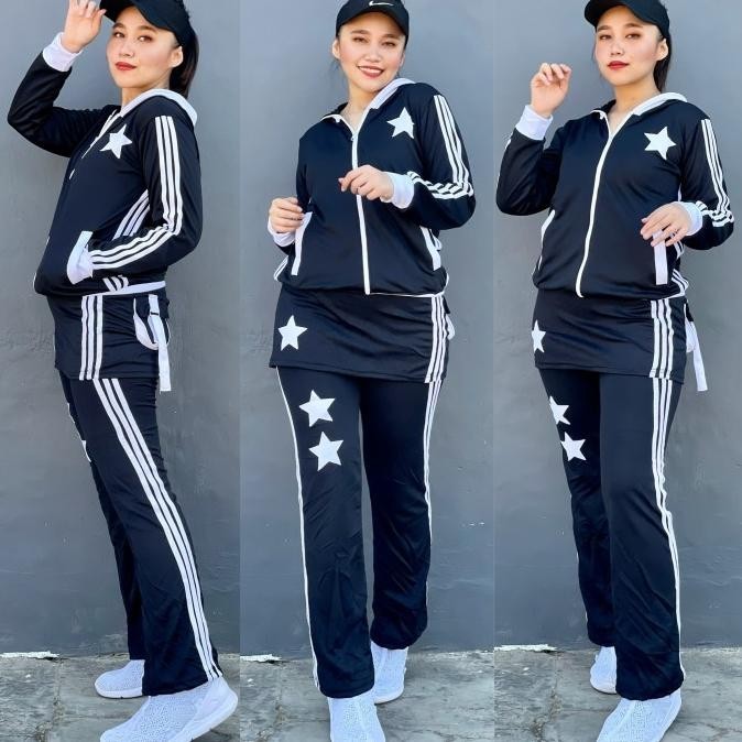 Setelan Baju Senam Lapangan Rok Hitam Putih Zumba Aerobik Hijab Muslim
