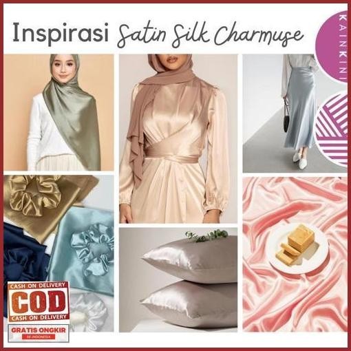 Serba Murah ( Meter) Kain Satin Silk Charmuse Premium Kilap Glossy Kainkini - Merah Maroon Red ( Bah