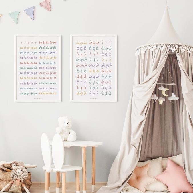 Poster Edukasi Balita - Macaron Abc 123 Hijaiyah Preschooler Wall Art Ravneina