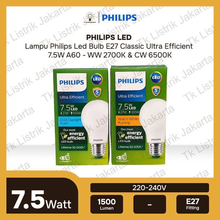 Lampu Philips Led Bulb E27 Classic Ultra Efficient 7.5W A60