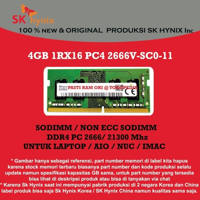 Ram Sodimm 4Gb Ddr4 Pc 2666 21300 Mhz Sk Hynix 1Rx16 For Nb Laptop