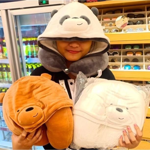 MINISO WE BARE BEARS U-SHAPED PILLOW WITH HOODIE+BANTAL LEHER TOPI