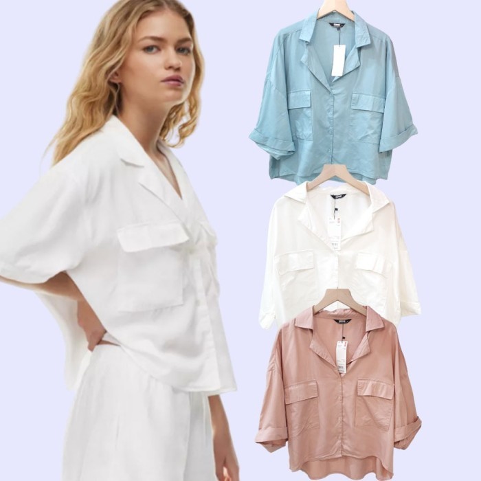 UNQ 226 CAMP COLLAR UTILITY SHIRT Baju Atasan Blouse Wanita Branded