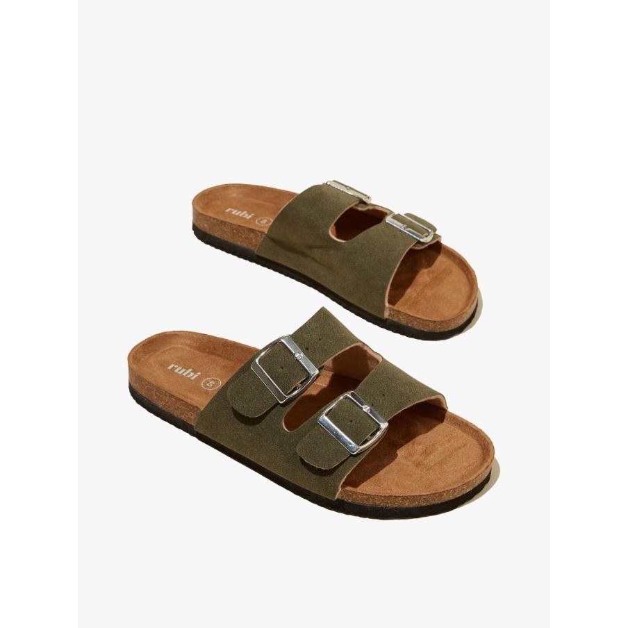 Rubi - Sandal Wanita - Rex Double Buckle Slide - Dark Moss Micro