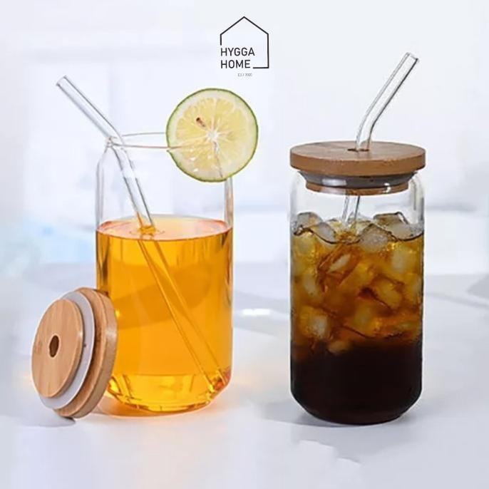 HANAKO Straw Cup Gelas Minum Sedotan Kaca Tutup Bambu Tumbler Estetik HID